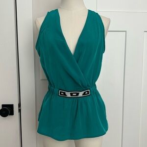 Calvin Klein Teal Surplice Sleeveless Top with Beaded Embellishment | Size S